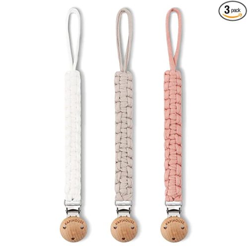 Pacifier Clip for Girl 9.2 Inch Pacifier Leashes woodern Clips Teething Toy with Handmade Braided Cotton Modern Unisex Baby Shower Birthdays Christmas Set (3 Pack Grils)