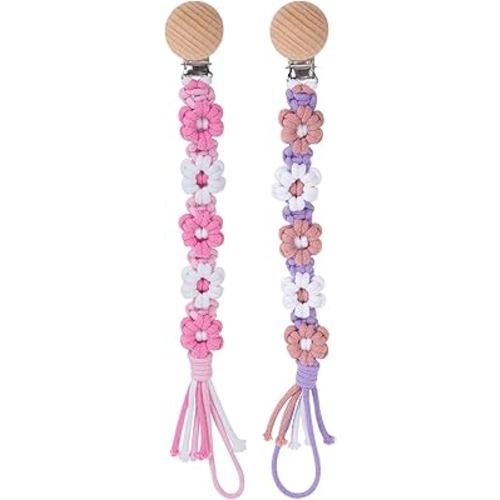 Pacifier Clip for Boys Girls Floral Daisy Macrame Baby Paci Clip Pacifier Holder Leash Boho Wooden Clips Handmade Braided Cotton Binky Clips (2pack:Pink Daisy & Lavender Style A)