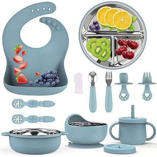13 Pack Silicone Baby Feeding Set, BPA-Free Toddler Feeding Supplies, Include Suction Plates, Baby Bowls, Silicone Fork & Spoon, and More, First Stage Baby Dish Set - 6+ Months