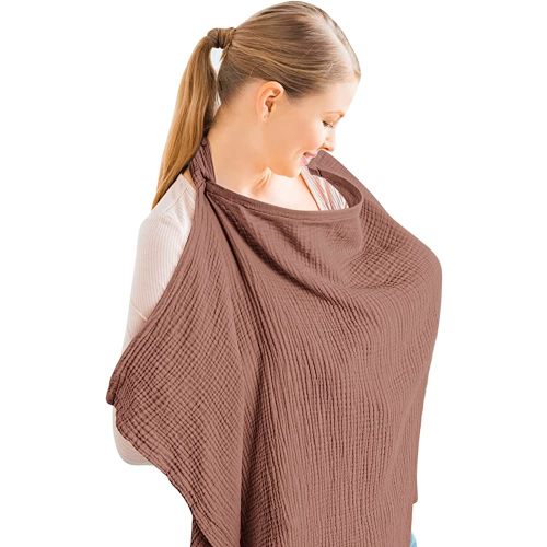 Konssy Muslin Nursing Cover for Baby Breastfeeding, Breathable 100% Cotton Breastfeeding Cover with Rigid Hoop for Mother Nursing Apron, Multi-use Carseat Canopy (Chestnut)
