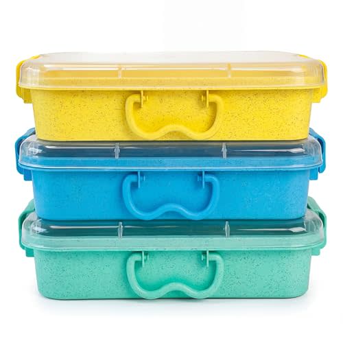 Carolart 3 Pack 12.8 Inch Wheat straw Plastic Storage Bins, Stackable | 40% wheat straw blend containers with lids for sand toy storage, classroom supplies, crafts, toys and homeschool use