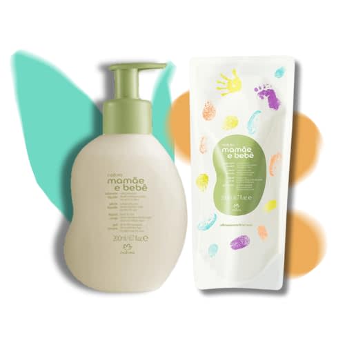 natura - Mamãe e Bebê Baby Head to Toe Liquid Soap with Refill - Multipurpose Wash - 100% Vegan - 98.5% Natural Origin - All Skin Types - Cruelty Free - Baby Essentials - 6.7 fl oz (200ml)