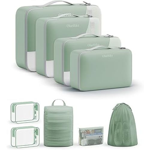 9 Set Packing Cubes for Travel, Gifts for Women Mom Kids, TSA Approved Bags for Makeup, Cosmetic, Toiletry, Organizers for Suitcase Carry On,Cruise Essentials Airplane Accessories,Matcha Green