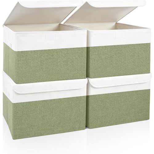 Large 22 Quart Linen Fabric Foldable Storage Bin Cube Organizer Basket with Flip-Top Lid & Handles, Clothes Blanket Box for Home, Office, Closet, Green & White, 4 Pack 14.6 x 9.5 x 9.5
