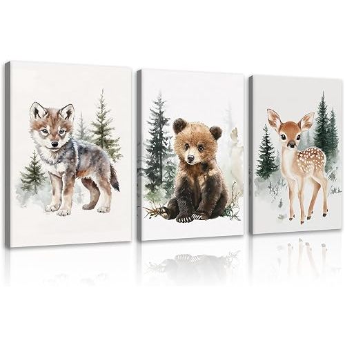 JINLUNTA 3 Pieces Woodland Animal Nursery Wall Art Cute Forest Animal Painting Baby Wolf Bear Deer Pictures for Kids Room Decor Framed(Art-2,11x14inchx3 Pieces)