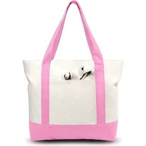 TOPDesign 1-Pack Canvas Tote Bag with an External Pocket, Reusable Grocery Shopping Bag, Top Zipper Closure, Daily Essentials (Pink/Natural)