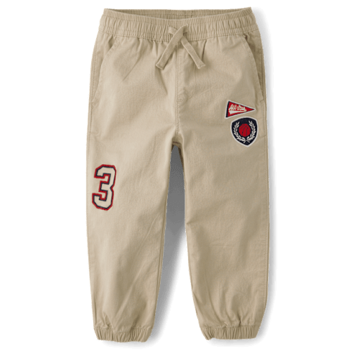 Baby And Toddler Embroidered Varsity Pull On Jogger Pants - Tan