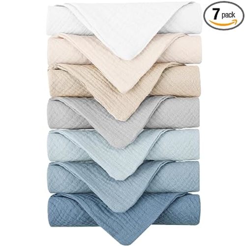Konssy Baby Muslin Washcloths 7-Pack, 100% Cotton Baby Bath Washcloths, Soft & Absorbent Wash Cloths and Burp Cloths for Newborn Kids Girls & Boys, 11x11 inches