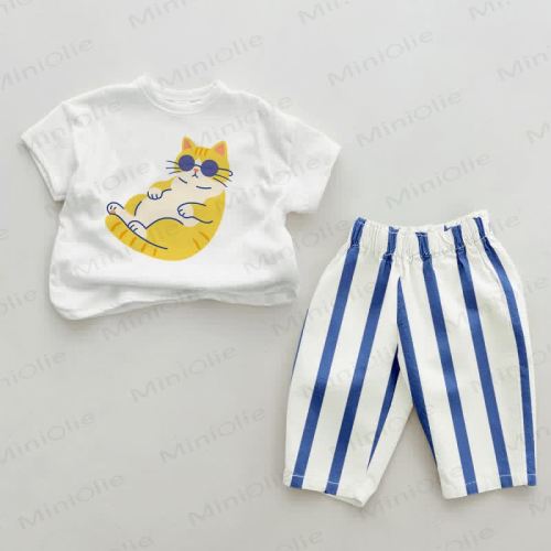 Baby Lazy Cat Blue Vertical Striped 2-piece Set