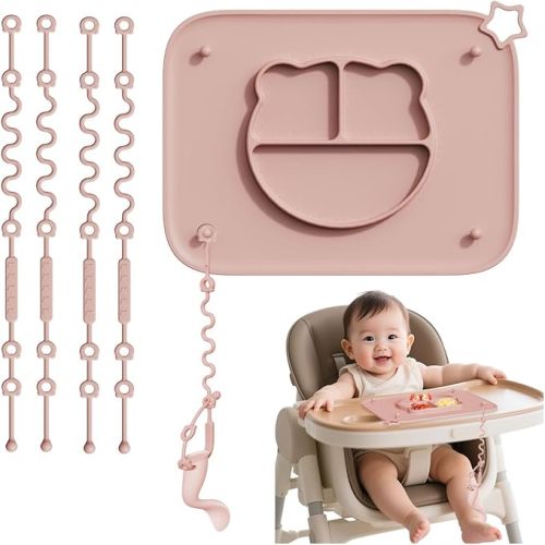 1 Pack Silicone Mat for Babies, Baby Placemat Built-in Suction Base and Equipped 4 Toy Straps & Anti-Peel Design, Activity Mat for Infants to Toddlers, Keeps Babies Essentials Off The Floor, Pink