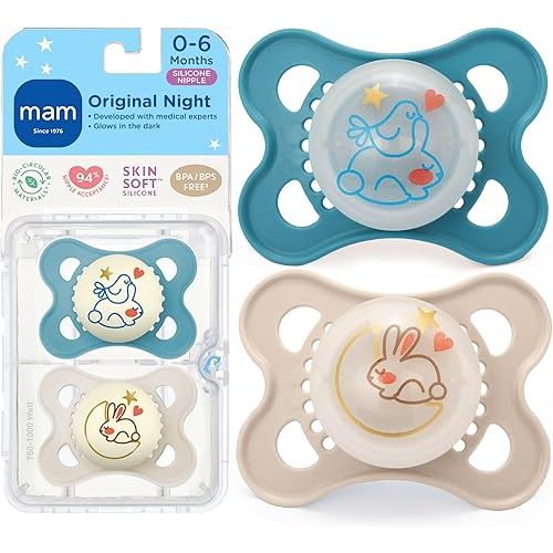 MAM Original Baby Pacifiers 0-6 Months, Binky for Newborn Babies, BPA-Free Skin Soft Silicone Nipple, Glows in The Dark, Developed with Medical Experts, 2 Count, Sterilizer Case, Made in Europe