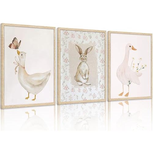 VZKRHPGA 3Pcs Animal Nursery Wall Art Cute Pink Goose And Bunny Painting Picture Wall Decor Pink Printed Retro Animals Poster Print Artwork for Kids Boys Room Bedroom Decorate,Unframed