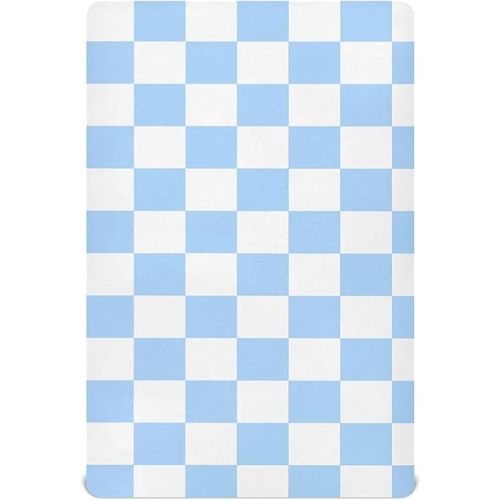Chess Checkerboard White Sky Blue Crib Sheets for Boys Girls Pack and Play Sheets Breathable Mini Fitted Baby Sheet for Standard Crib and Toddler Mattresses Baby Girl Boy, 52x28IN