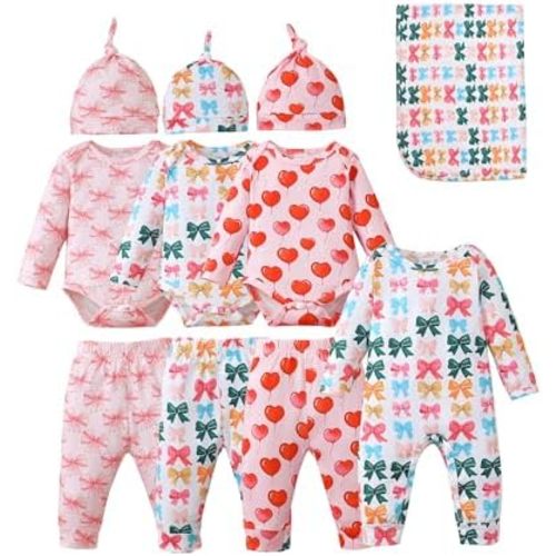 Renotemy Baby Girl Newborn Essentials Clothes 11-Piece Layette Set with Bodysuits, Pants, Hats, Blanket-Infant Gift Outfits