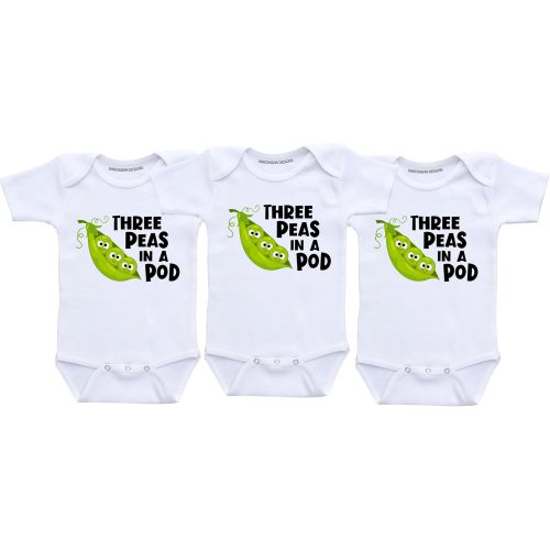 Triplet Baby Bodysuit Set – “Three Peas in a Pod” – Funny Matching Infant Outfits