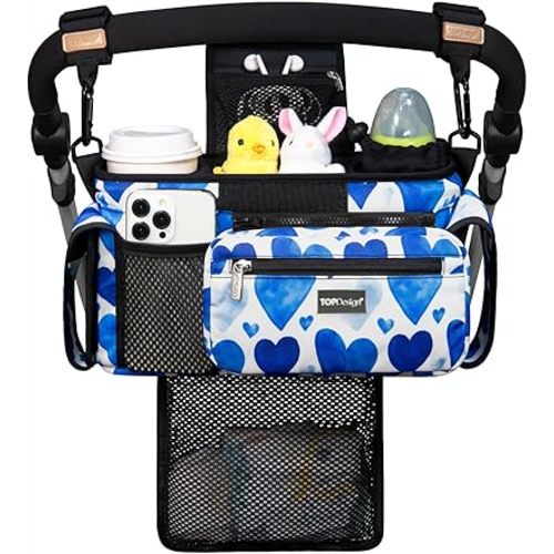 TOPDesign Universal Baby Stroller Organizer, Stroller Caddy with Detachable Mesh Bag & Heightened Insulated Cup Holders & Non-Slip Secure Hooks Accessories, Fits Most Strollers (Love)