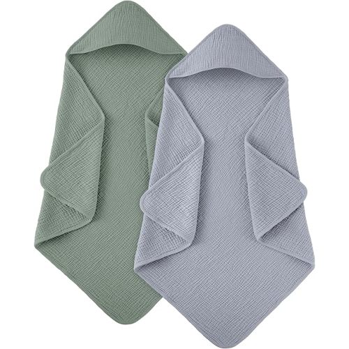 Susurration Hooded Baby Towels for Newborn 2 Pack 100% Muslin Cotton Towel for Babies，Highly Absorbent and Newborn Essential 30x30 Inch (GrayGreen)