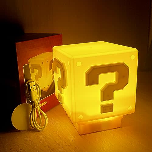 Super Bros Question Block Lamp,Square LED Night Light with USB Cable,Table Lamp with Play Game Coin Sound Effect,Bedside Lamp Decor Toy Gift for Boy Girls