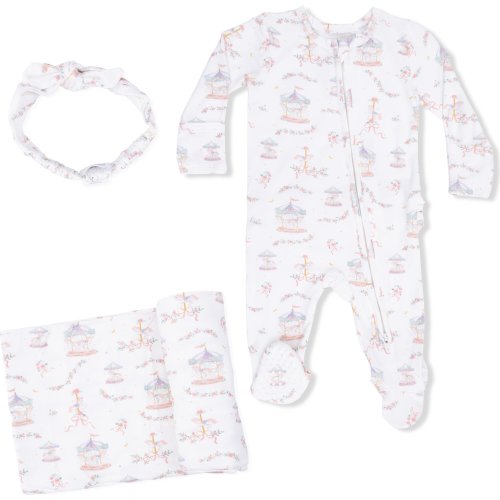 Carousel with Bows, 2 Way Ruffle Back Zipper Footie, Headband, & Swaddle Blanket Set - Angel Dear Sleepwear | Maisonette