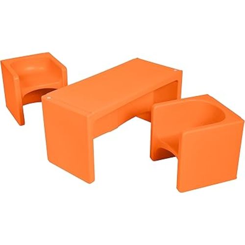 ECR4Kids Tri-Me Table and Cube Chair Set, Multipurpose Furniture, Orange, 3-Piece