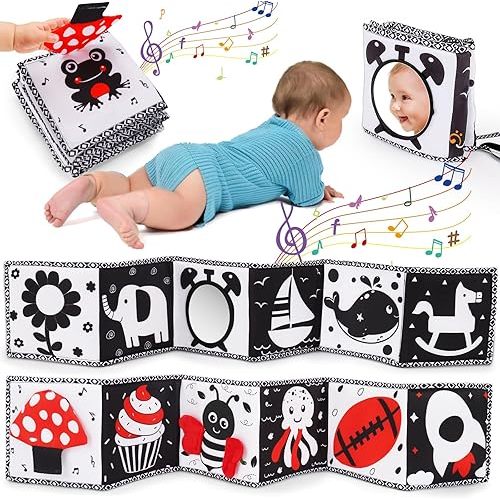 Black and White High Contrast Toys for Baby 0-3 3-6 months Infant Tummy Time Soft Book Sensory Musical Toy 0-2-4-6 month Babies Brain Development Montessori Crinkle Book Mirror Newborn Shower Gifts