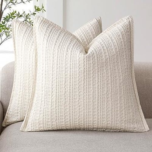 Foindtower Set of 2 Decorative Cotton Waffle Weave Throw Pillow Covers Euro Shams Cushion Covers Accent European Pillowcase for Bed Couch Sofa Bedroom Living Room Home Decor 20×20 Inch Natural Ivory