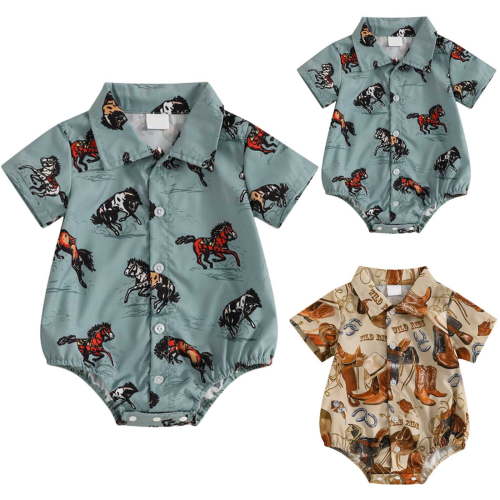 larppty Newborn Infant Western Baby Boy Clothes Cowboy Button Down Dress Shirt Bubble Romper Bodysuit Country Style Outfit（Brown， 6-12 Months）