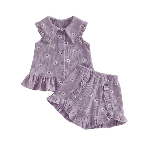 Toddler Baby Girl Summer Clothes Floral Tank Tops Shorts Set | Soft Muslin Cotton, Ruffle Collared Sleeveless Shirt, Button Down, 2 Pieces Outfit, 1T, 2T, 3T, 4T, 5T, Daisy Print, Holiday