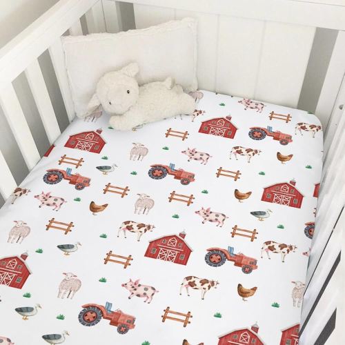 Watercolor Farm Animals Baby Crib Sheet 52''x28'' Farmhouse Barn Chicken Pig Duck Tractor Fitted Crib Mattress Sheet Covers for Boy Girl Baby Nursery Bed Sheets for Standard Crib Mattress