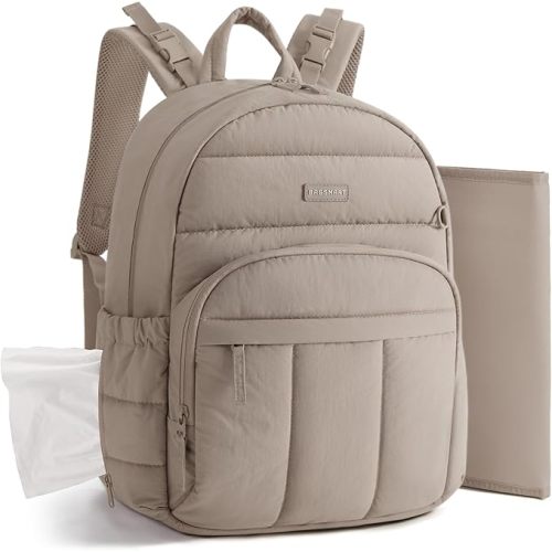 Diaper Bag Backpack, Multi-Pocket Puffy Diaper Bag with Waterproof Changing Pad, Lightweight Stroller-Friendly Diaper Bag with Insulated Pockets, Easy-Access Baby Essential, Camel