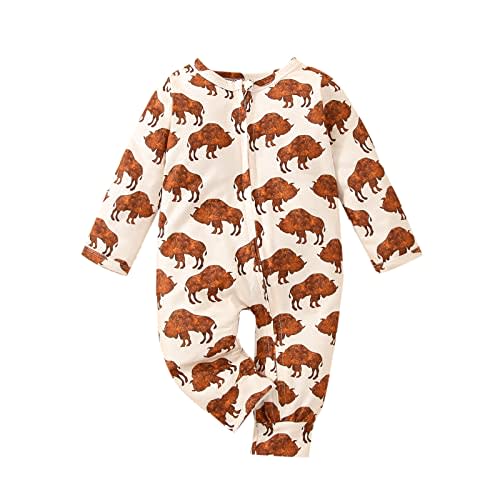 LXXIASHI Newborn Infant Baby Boy Girl Zip Up Onesie Romper Cow Print Long Sleeve Bodysuit Jumpsuit Western Baby Clothes