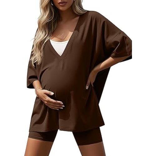 Women's 2 Piece Maternity Lounge Set Oversized Nursing V Neck Lightweight Shirt Cotton Pregnancy Shorts Pajama Set