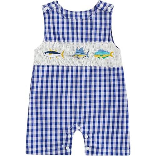 Newborn Baby Boys Sleeveless Seersucker Romper One Piece Straps Overalls Striped Jumpsuit Summer Smocked Clothes