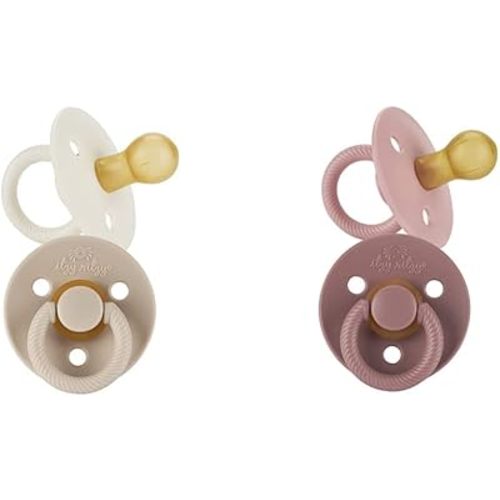 Itzy Ritzy Set of 4 Natural Rubber Newborn Pacifiers for Ages 0-6 Months with Cherry-Shaped Nipple in Blossom, Rosewood, Coconut & Toast