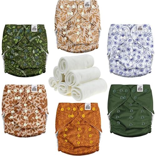 Mama Koala 3.0 Cloth Diapers for Babies with Suede Cloth Lining, 6 Pack with 6 Natural Diaper Inserts - Reusable Pocket Diapers (Neutral Leaves)