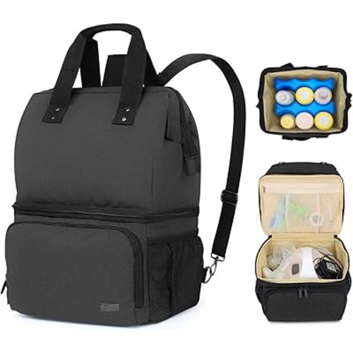 LUXJA Breast Pump Bag with 2 Compartments for Breast Pump and Cooler Bag, Breast Pumping Bag with 2 Options for Wearing (Fits Most Major Breast Pump), Black