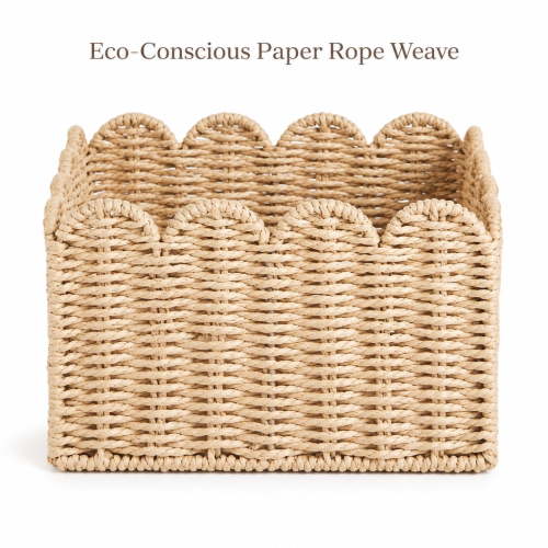 Wicker Storage Baskets for Shelves, Scalloped Basket Handwoven Organizing Paper Rope Design 9.45×9.45×5.71 in