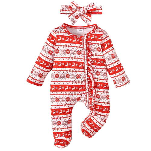 FYDUU Baby Girl Christmas Outfit Girls Romper Jumpsuit Reindeer Xmas Cute Onesie Jumpsuits Long Sleeve One Piece Outfit With Headband Set 3-6 Months