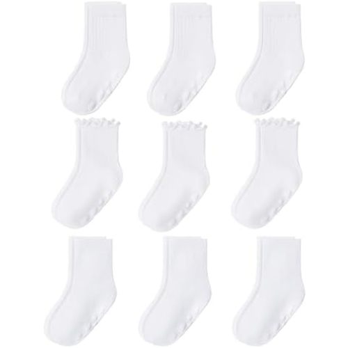9 Pairs Baby Toddler Socks Crew Sock Ruffle Dress Non Slip Grip Cute Cotton for Infant Newborn Boys Girls White