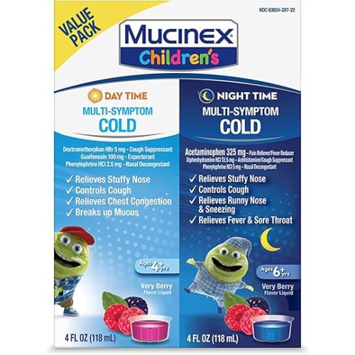 Mucinex Cold & Cough, Children's Multi-Symptom Day/Night Liquid, Very Berry, 8oz (2x4oz) Relieves Nasal & Chest Congestion, Thins & Loosens Mucus, Controls Cough, Reduces Fever, Soothes Sore Throat