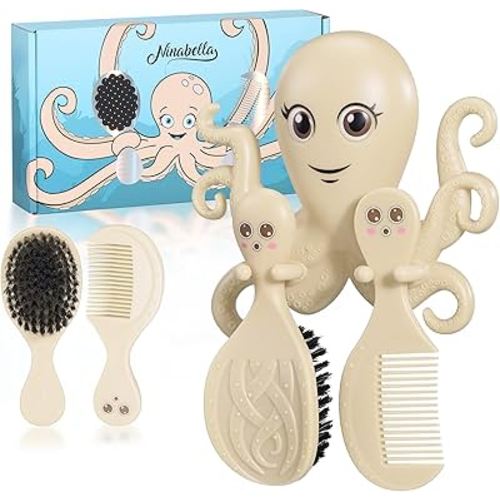 Ninabella Octo Baby Hair Brush with Comb for Newborn - Cradle Cap - No Drill Wall Holder Set - Soft Fine Black Bristles - From Birth to 18 Months - Classic Beige