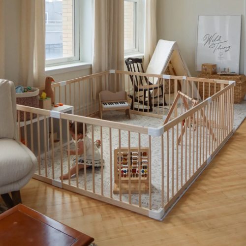 HARPPA Wooden Baby Gate Playpen | Non-Toxic Foldable DIY Adjustable Play Yard for Infants & Toddlers – Natural Finish Baby Fence for Small & Large Spaces