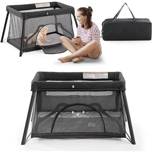 Travel Crib,3 in 1 Portable Crib for Baby, Lightweight Pack and Play for Babies and Toddler, Foldable Travel Baby Playpen with Comfortable Mattress and Carry Bag(Dark Grey)