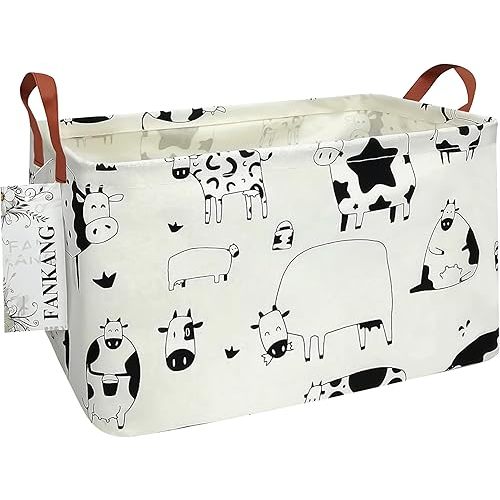 FANKANG Storage Basket,Nursery Hamper Canvas Laundry Basket Foldable with Waterproof PE Coating Storage, Office, Bedroom, Clothes,Toys(L, Rec-cows)