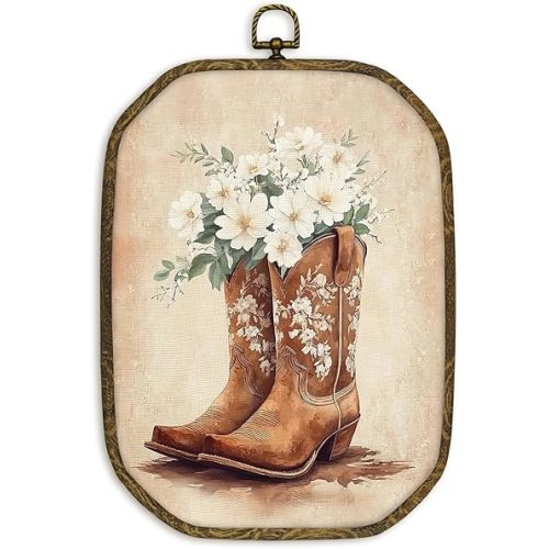 nvucamd Vintage Western Cowgirl Wall Art Decor Framed, Preppy Western Octagon Canvas Prints Wall Art, Rustic Country Floral Cowgirl Boots Hanging Decor for Girls Room Bedroom Dorm, 10.2x7 Inches