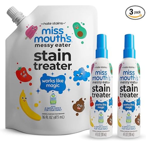 Miss Mouth’s Messy Eater Stain Treater Refill Ready Kit - 2 Pack Stain Remover Spray and 16oz Refill Pouch - Newborn & Baby Essentials - Food, Grease, Coffee Off Laundry, Underwear, Fabric