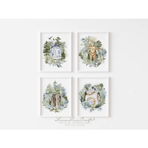 Set of 4 Galaxy Wars Prints | Floral Watercolor Printable Gallery Wall Art | Whimsical Nursery Space Robots Prints | Digital Download