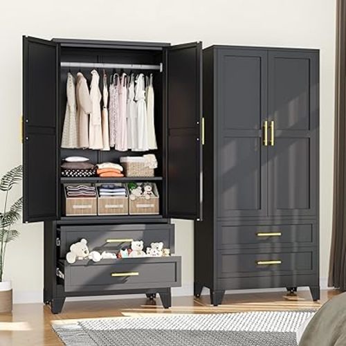 Metal Armoire Wardrobe Closet, 71 "Metal Clothing Storage Cabinet with Adjustable Shelves and Hanging Rod, Household Steel Wardrobe Storage Cabinet with Drawers (Armoire-Black)