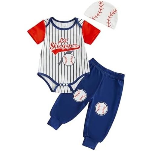 Baby Boy Baseball Outfits Champion Short Sleeve Romper with Pants and Hat 3Pcs Outfits Newborn Baseball Clothes