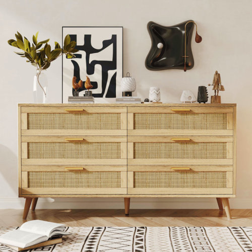 George Oliver Jakoby Rattan 6 Drawer Double Dresser for Bedroom, Chest of Dressers, Modern Dresser Drawer Chest & Reviews | Wayfair